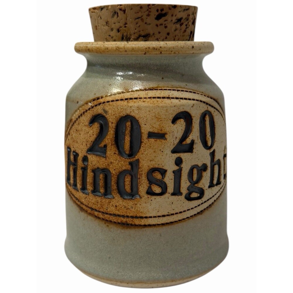 Stoneware Cork Lid Jar 20-20 Hindsight Brophy Pottery Humor Storage Jar Vintage